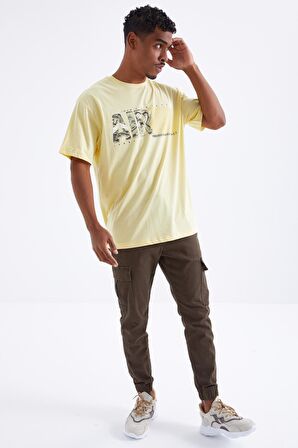 Sarı Air Baskılı O Yaka Erkek Oversize T-Shirt  - 88097 | S