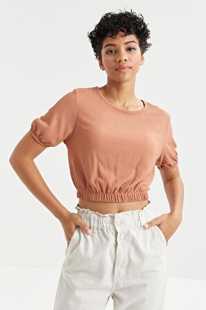 Tarçın Balon Kol O Yaka Beli Lastikli Bürümcük Kumaş Kadın Crop Top T-Shirt - 97221 | L