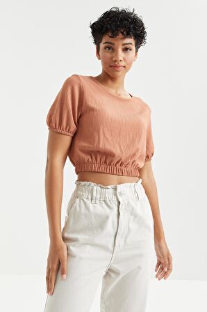 Tarçın Balon Kol O Yaka Beli Lastikli Bürümcük Kumaş Kadın Crop Top T-Shirt - 97221 | L