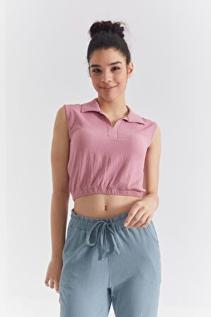 Gül Kurusu Polo Yaka Beli Lastikli Bürümcük Kumaş Kadın Crop Top T-Shirt - 97223 | L