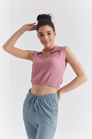 Gül Kurusu Polo Yaka Beli Lastikli Bürümcük Kumaş Kadın Crop Top T-Shirt - 97223 | L