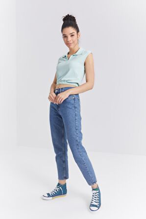 Su Yeşili Polo Yaka Beli Lastikli Bürümcük Kumaş Kadın Crop Top T-Shirt - 97223 | L