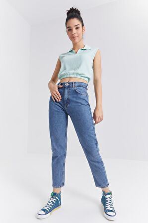 Su Yeşili Polo Yaka Beli Lastikli Bürümcük Kumaş Kadın Crop Top T-Shirt - 97223 | L