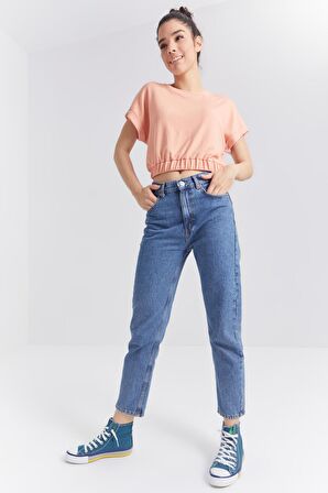 Kavun Içi Basic O Yaka Beli Lastikli Bürümcük Kumaş Kadın Crop Top T-Shirt  - 97227 | S