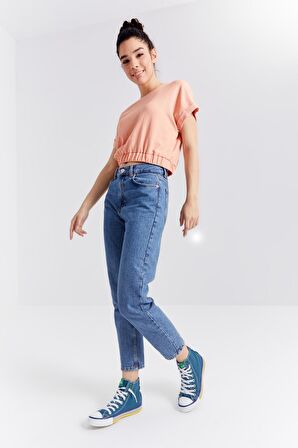 Kavun Içi Basic O Yaka Beli Lastikli Bürümcük Kumaş Kadın Crop Top T-Shirt  - 97227 | S