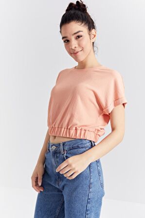 Kavun Içi Basic O Yaka Beli Lastikli Bürümcük Kumaş Kadın Crop Top T-Shirt  - 97227 | XL