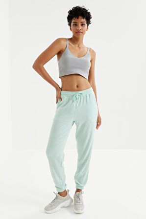 Su Yeşili Bel Büzgülü Bağcıklı Jogger Bürümcük Kumaş Kadın Eşofman Alt - 94620 | L