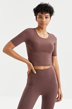 Kahverengi Yüksek Bel Kapri-Crop T-Shirt Slim Fit Kadın Tayt Takım - 95285 | M
