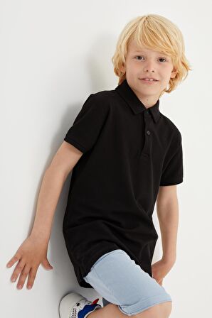 Siyah Klasik Kısa Kollu Polo Yaka Erkek Çocuk T-Shirt - 10962 | 4-5