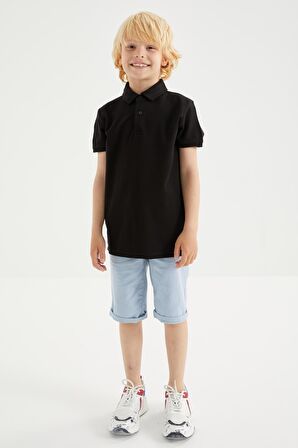 Siyah Klasik Kısa Kollu Polo Yaka Erkek Çocuk T-Shirt - 10962 | 4-5
