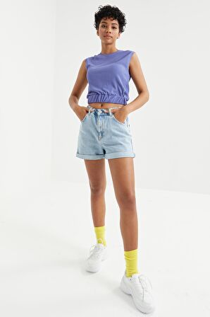 Eflatun O Yaka Kolsuz Beli Lastikli Bürümcük Kumaş Kadın Crop Top T-Shirt  - 97226 | XL