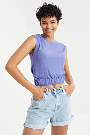 Eflatun O Yaka Kolsuz Beli Lastikli Bürümcük Kumaş Kadın Crop Top T-Shirt  - 97226 | XL