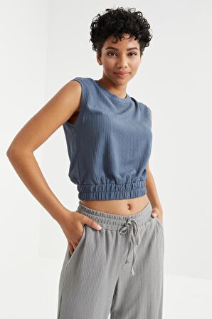 Petrol O Yaka Kolsuz Beli Lastikli Bürümcük Kumaş Kadın Crop Top T-Shirt  - 97226 | XL