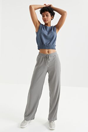 Petrol O Yaka Kolsuz Beli Lastikli Bürümcük Kumaş Kadın Crop Top T-Shirt  - 97226 | XL