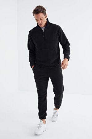 Lacivert Yarım Fermuar Dik Yaka Lastik Paça Polar Erkek Eşofman Takımı - 85159 | XL