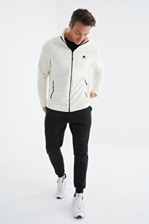 Ekru Fermuarlı Dik Yaka Standart Kalıp Erkek  Sweatshirt Polar - 88134 | XL