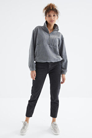 Gri Melanj Yarım Fermuar Etek Ucu Büzgülü Kadın Polar Oversize Sweatshirt - 97171 | XXL