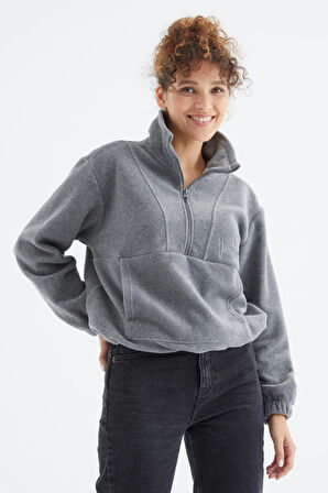 Gri Melanj Yarım Fermuar Etek Ucu Büzgülü Kadın Polar Oversize Sweatshirt - 97171 | XXL