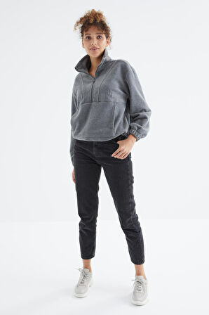 Gri Melanj Yarım Fermuar Etek Ucu Büzgülü Kadın Polar Oversize Sweatshirt - 97171 | XXL