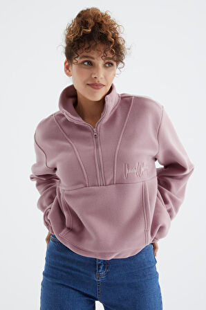 Gül Kurusu Yarım Fermuar Etek Ucu Büzgülü Kadın Polar Oversize Sweatshirt - 97171 | L