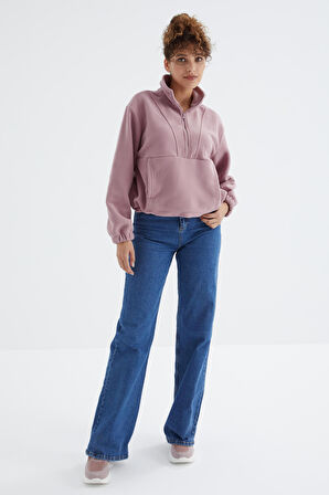 Gül Kurusu Yarım Fermuar Etek Ucu Büzgülü Kadın Polar Oversize Sweatshirt - 97171 | L