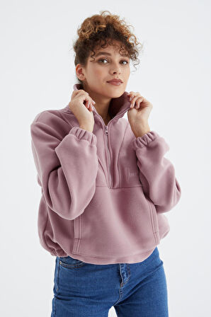 Gül Kurusu Yarım Fermuar Etek Ucu Büzgülü Kadın Polar Oversize Sweatshirt - 97171 | M