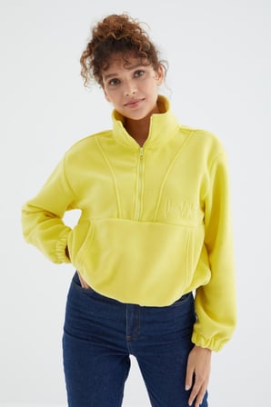Limon Yarım Fermuar Etek Ucu Büzgülü Kadın Polar Oversize Sweatshirt - 97171 | S