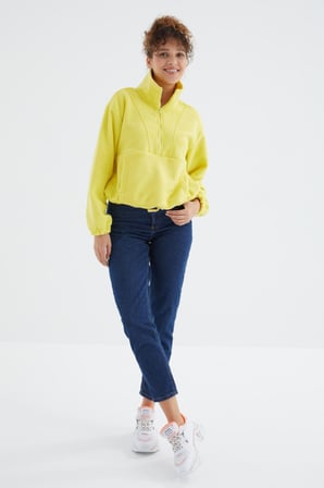 Limon Yarım Fermuar Etek Ucu Büzgülü Kadın Polar Oversize Sweatshirt - 97171 | S