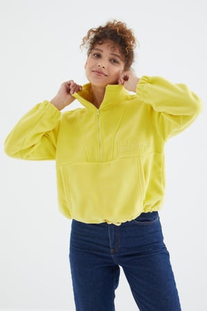 Limon Yarım Fermuar Etek Ucu Büzgülü Kadın Polar Oversize Sweatshirt - 97171 | S