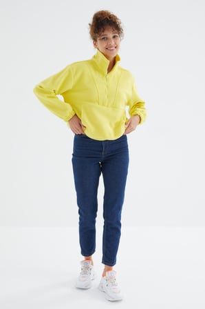 Limon Yarım Fermuar Etek Ucu Büzgülü Kadın Polar Oversize Sweatshirt - 97171 | S
