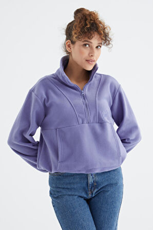 Açık Eflatun Yarım Fermuar Etek Ucu Büzgülü Kadın Polar Oversize Sweatshirt - 97171 | L