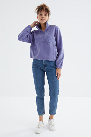 Açık Eflatun Yarım Fermuar Etek Ucu Büzgülü Kadın Polar Oversize Sweatshirt - 97171 | L
