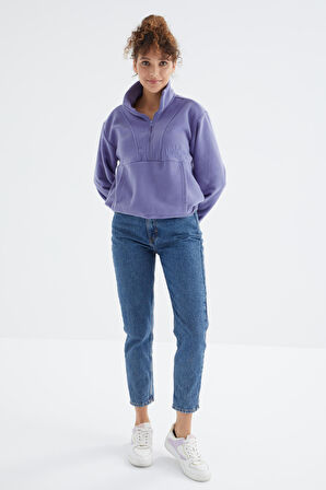 Açık Eflatun Yarım Fermuar Etek Ucu Büzgülü Kadın Polar Oversize Sweatshirt - 97171 | L