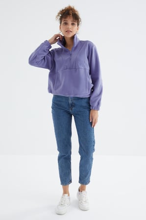 Açık Eflatun Yarım Fermuar Etek Ucu Büzgülü Kadın Polar Oversize Sweatshirt - 97171 | S