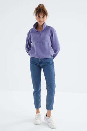 Açık Eflatun Yarım Fermuar Etek Ucu Büzgülü Kadın Polar Oversize Sweatshirt - 97171 | S