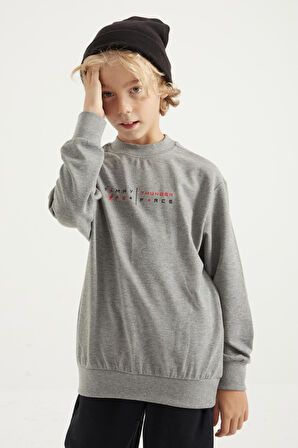 Gri Melanj Sırt Baskılı O Yaka Standart Kalıp Erkek Çocuk Sweatshirt - 11026 | 10-11 Yaş