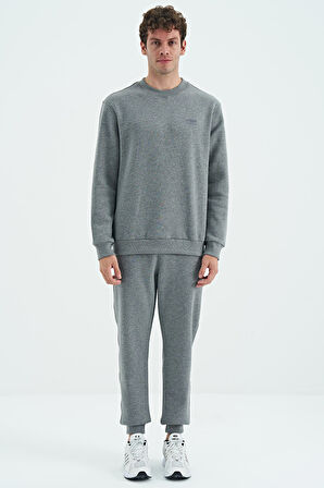Gri Melanj O Yaka Rahat Kalıp Şardonlu Basic Jogger Erkek Eşofman Takım - 85190 | M