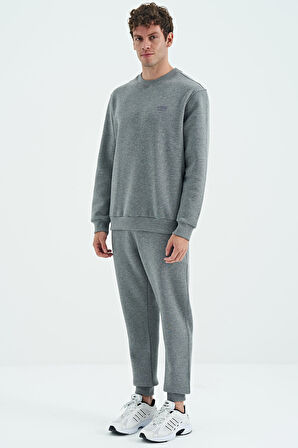 Gri Melanj O Yaka Rahat Kalıp Şardonlu Basic Jogger Erkek Eşofman Takım - 85190 | S