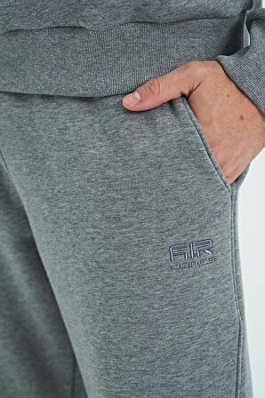 Gri Melanj O Yaka Rahat Kalıp Şardonlu Basic Jogger Erkek Eşofman Takım - 85190 | S