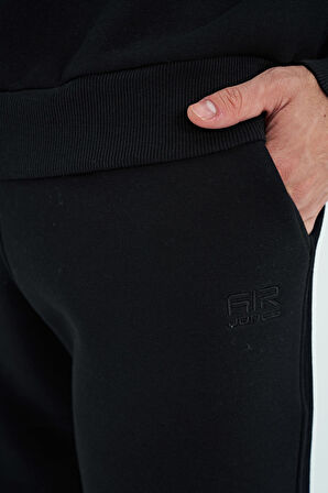 Siyah O Yaka Rahat Kalıp Şardonlu Basic Jogger Erkek Eşofman Takım - 85190 | S