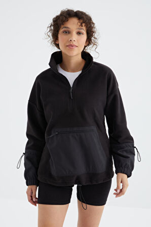 Siyah Etek Ucu Büzgülü Yarım Fermuar Kanguru Cepli Oversize Kadın Sweatshirt - 97238 | M