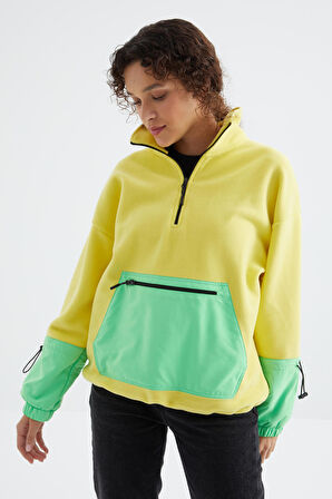 Limon Etek Ucu Büzgülü Yarım Fermuar Kanguru Cepli Oversize Kadın Sweatshirt - 97238 | M