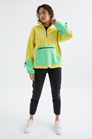 Limon Etek Ucu Büzgülü Yarım Fermuar Kanguru Cepli Oversize Kadın Sweatshirt - 97238 | M