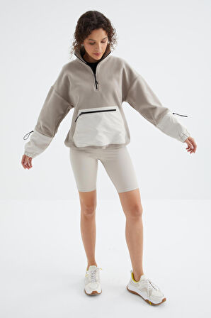 Koyu Bej Etek Ucu Büzgülü Yarım Fermuar Kanguru Cepli Oversize Kadın Sweatshirt - 97238 | M