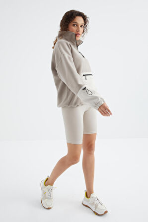 Koyu Bej Etek Ucu Büzgülü Yarım Fermuar Kanguru Cepli Oversize Kadın Sweatshirt - 97238 | M