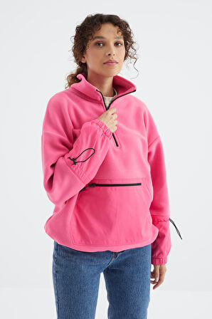 Şeker Pembe Etek Ucu Büzgülü Yarım Fermuarlı Oversize Kadın Polar Sweatshirt - 97238 | L