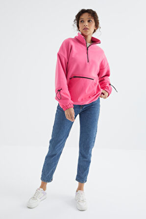 Şeker Pembe Etek Ucu Büzgülü Yarım Fermuarlı Oversize Kadın Polar Sweatshirt - 97238 | L