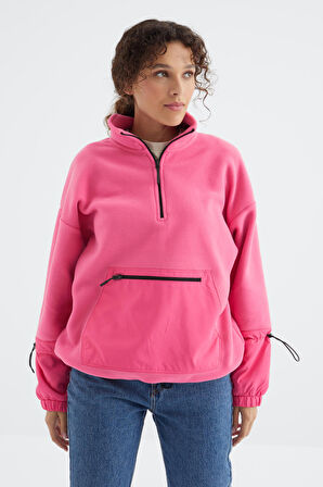 Şeker Pembe Etek Ucu Büzgülü Yarım Fermuarlı Oversize Kadın Polar Sweatshirt - 97238 | S