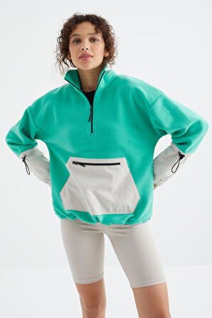 Deniz Yeşili Etek Ucu Büzgülü Yarım Fermuarlı Oversize Kadın Polar Sweatshirt - 97238 | L