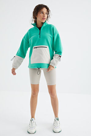 Deniz Yeşili Etek Ucu Büzgülü Yarım Fermuarlı Oversize Kadın Polar Sweatshirt - 97238 | S